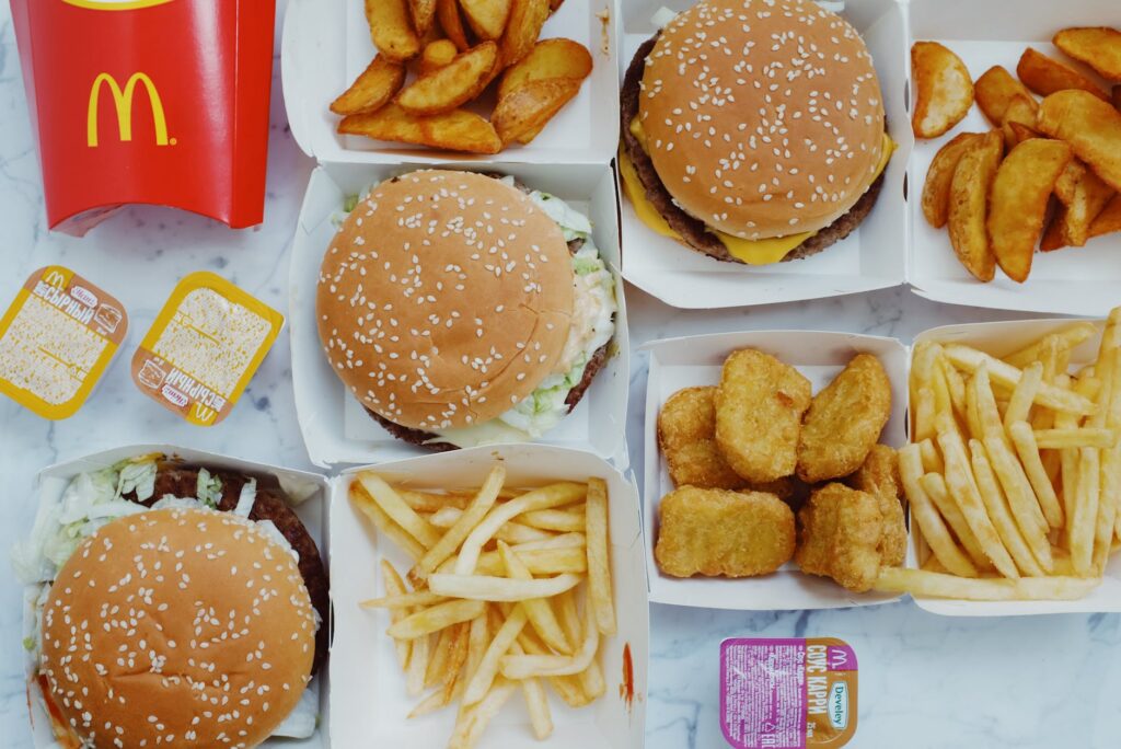 tasty junk food placed on table