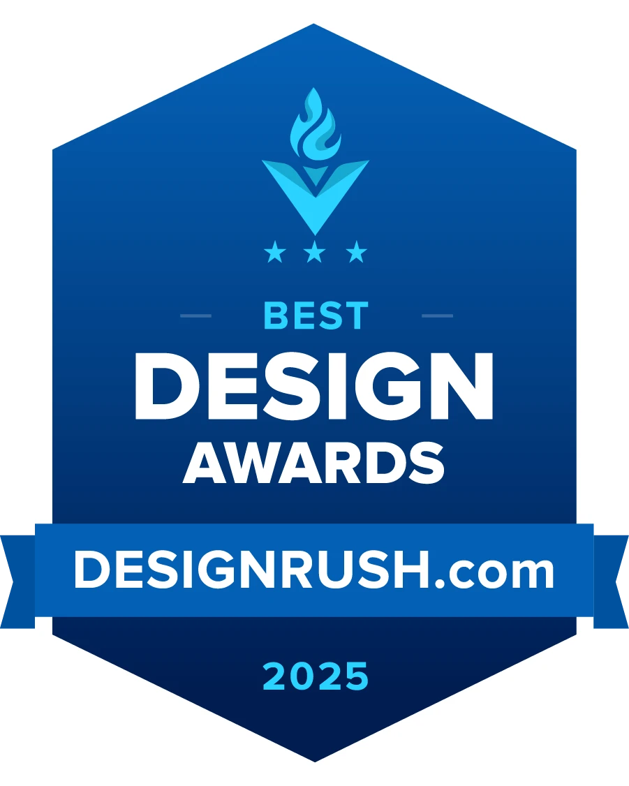Blue award badge reading 'best design awards' from designrush. Com, 2025.
