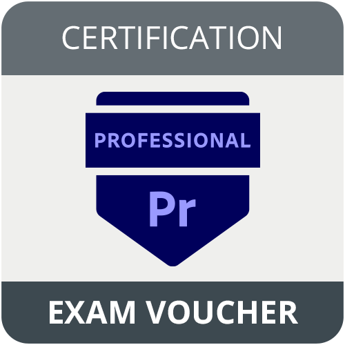 Certification badge indicating an exam voucher, featuring a blue shield with professional and pr, and the words exam voucher at the bottom.