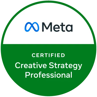 Circular meta badge: green lower half reads 'certified creative strategy professional' with meta logo above.