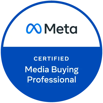 Meta certified media buying professional badge, round badge with white top half and blue bottom half, meta logo centered.