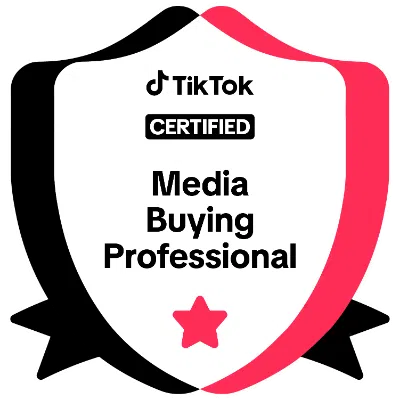 Tiktok certified media buying professional badge on a shield with black and pink outlines and a pink star.